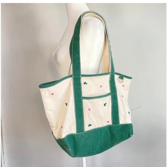 Universal Thread Embroidered Floral Canvas Tote Bag Green Straps - Picture 2 of 4